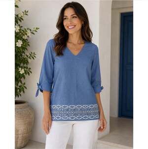 Talbots Blue Chambray Embroidered Eyelet Tunic Blouse XS V-Neck 3/4 Slit Sleeves